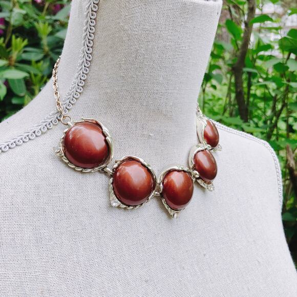 Vintage Mid Century Gold Tone Necklace Brown Cabochons Prong Set Rhinestones - Picture 14 of 16